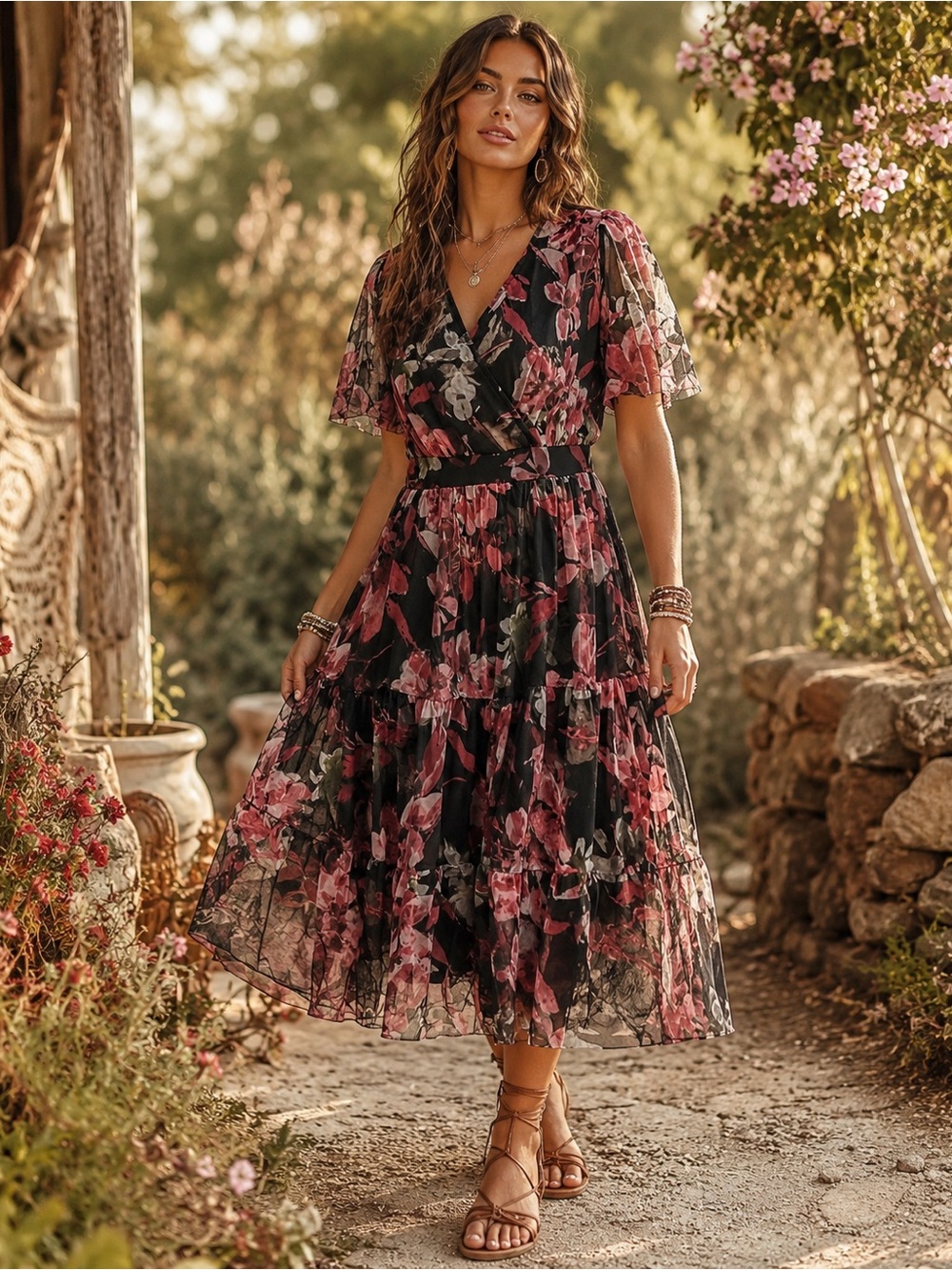 Candalite Floral Mesh Midi Dress Small Black Pink Boho Tiered Flutter Sleeve